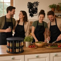 Boho kuchynský set: 4x úchytka + dekorácia list + 4x BBQ zástera + otočný organizér na korenie 1
