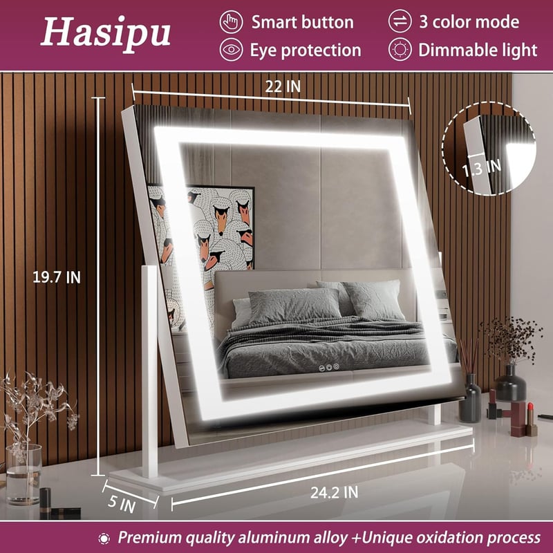 Hasipu LED Sminktükör Világítással, 55x45 cm, 10x Nagyítással, USB Töltőporttal, 3 Színhőmérséklettel, Érintésvezérléssel, Alumínium Keret, 