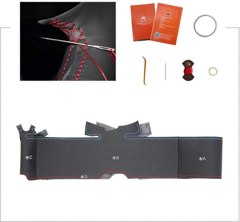 MEWANT DIY Bőr és Velúr Kormányvédő Huzat - BMW E39, E46, E53 X5 Modellekhez - Kék és Piros Varrással - 36 cm Átmérő