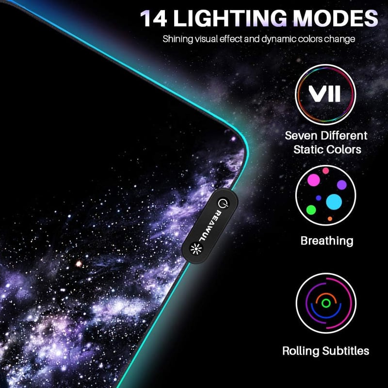 REAWUL RGB Gamer Egérpad XXL - 7 LED Szín, 14 Világítási Mód, Csúszásgátló, Vízálló Felület, 800x300x4mm, Billentyűzethez és Egérhez