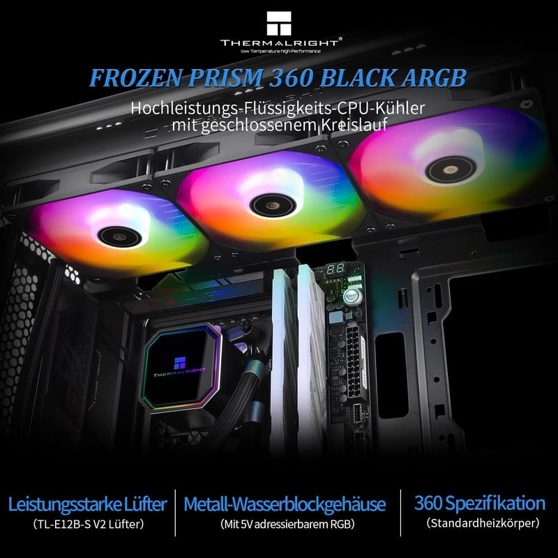 Thermalright Frozen Prism 360 Black ARGB Vízhűtéses CPU Hűtő, 120mm-es ARGB PWM Ventilátorral, AM4/AM5, Intel LGA1700/1851/1150/1151/1200/20