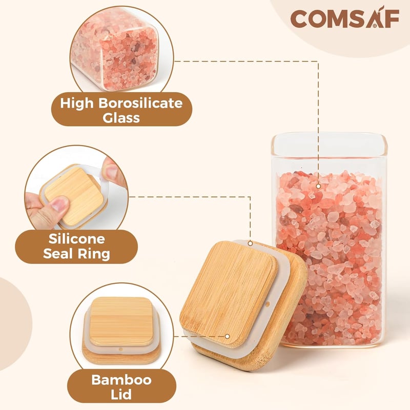 ComSaf Légmentes Bambusz Tetős Fűszertartó Szett 12db - 250ml Négyzetes Üvegek Címkékkel