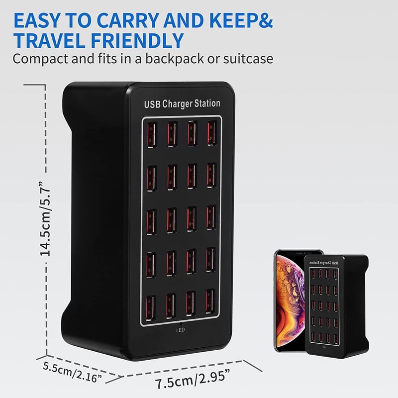 20 portos 100W-os USB töltőállomás Samsung, iPhone, Google, Xiaomi készülékekhez