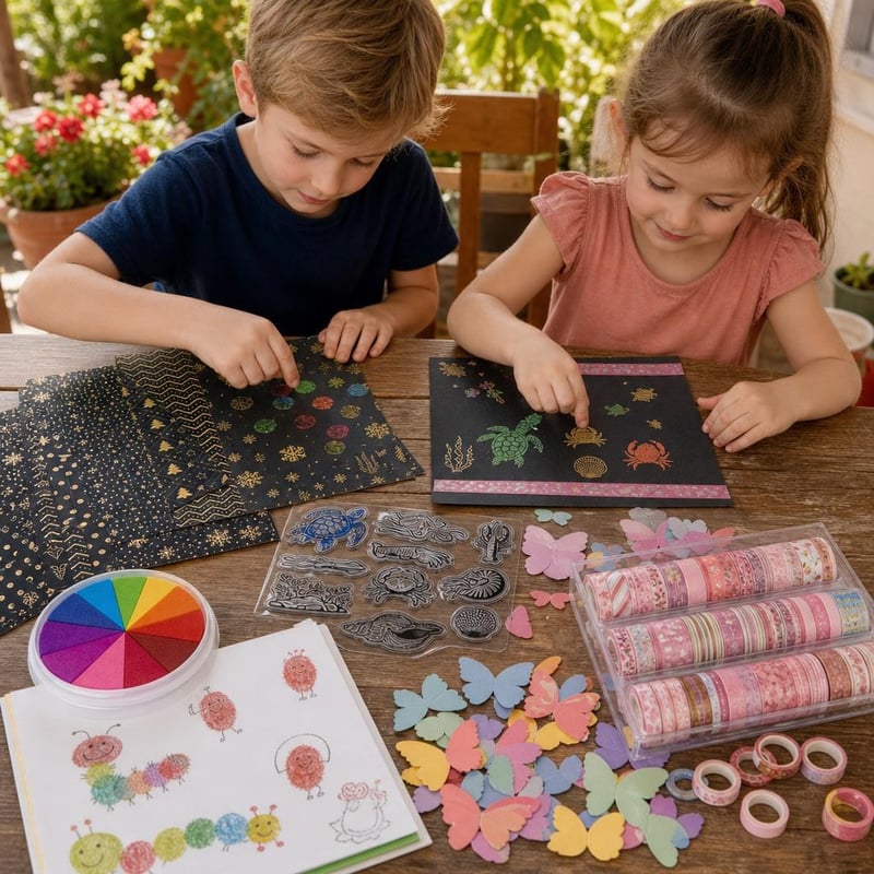 Emlékvarázs kreatív: 30 scrapbooklap + 12 szín festékpárna + bélyegző + 20 washi + 80 pillangó + 15 kártya