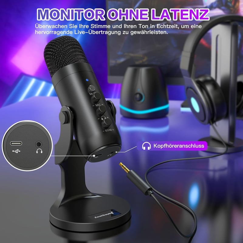 ZealSound K66 USB-C Kondenzátor Mikrofon PC, Telefon, PS4/PS5 Eszközökhöz - Játék, Podcast, Streaming, ASMR Felvételekhez, Némítás/Erősítés/