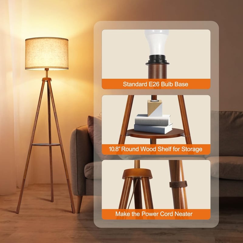 OUTON Fa Állólámpa Polccal - Távirányítós LED Tripod Lámpa 4 Színhőmérséklettel, Időzítővel, Bézs Lámpaernyővel Nappaliba, Hálószobába, Irod