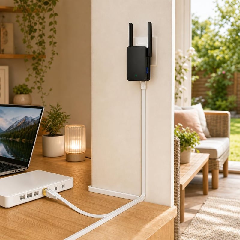 WiFi pojačivač set: WiFi 6 repetitor + 2x CAT8 kabel + samoljepljive kanalice