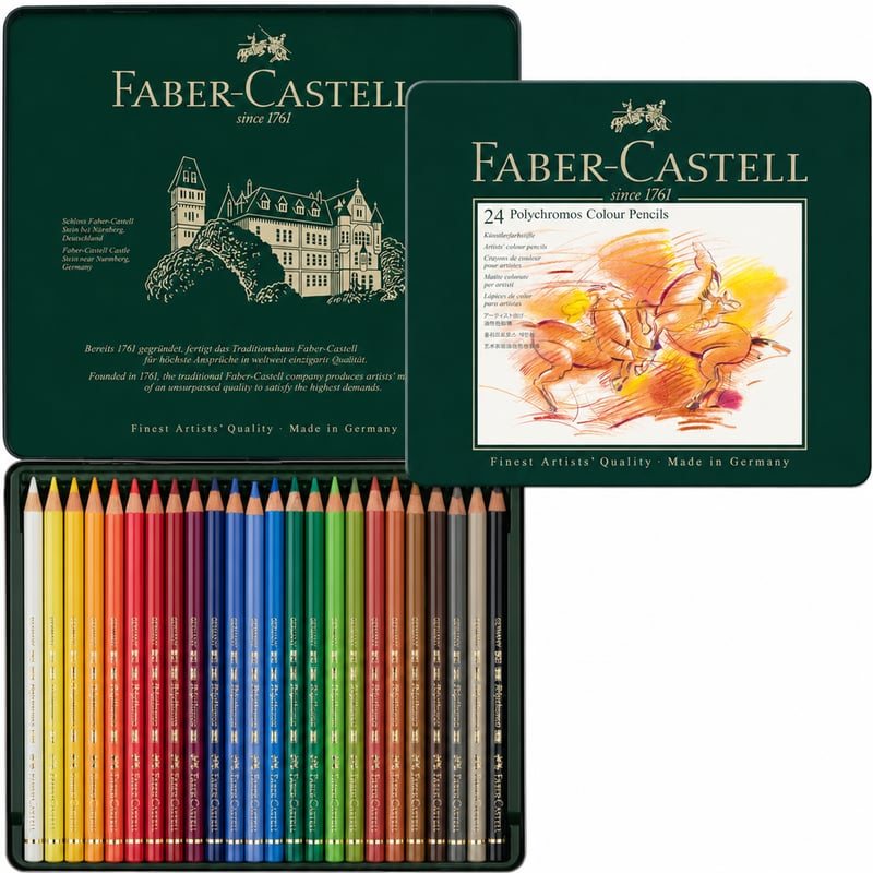 Set Creioane Colorate Artistice Faber-Castell Polychromos, 24 bucăți în cutie metalică – Utilizat, 2 creioane cu urme de utilizare (stare: vezi a 2-a fotografie)