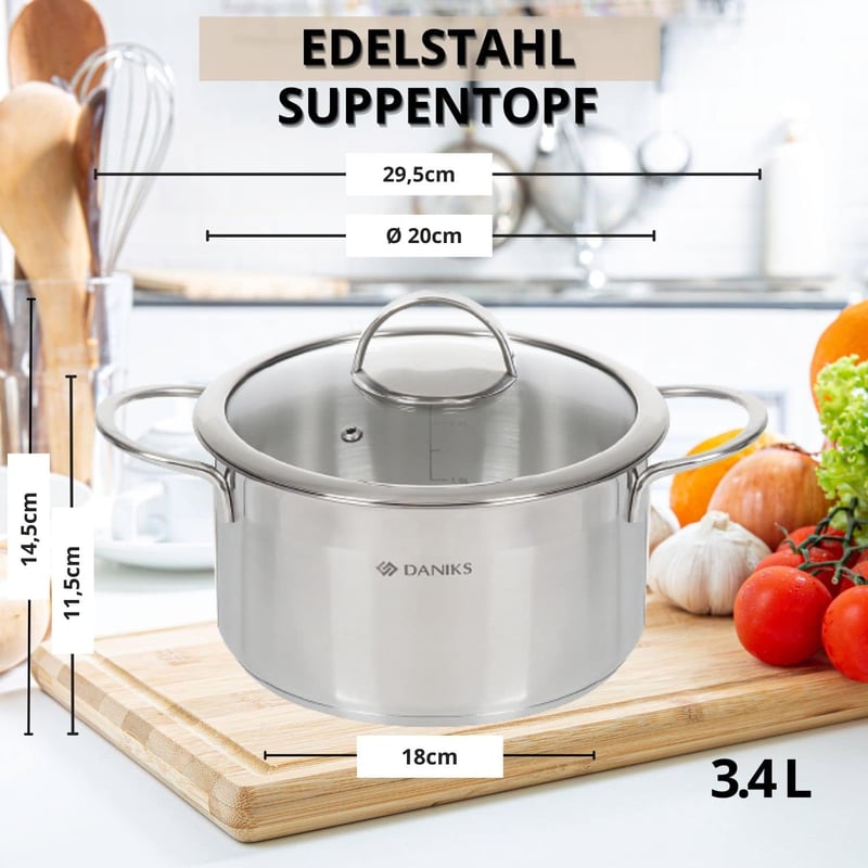 Daniks Bonn rozsdamentes acél főzőedény 3,4L űrtartalommal, indukciós tűzhelyre, mérőskálával, üvegfedővel, 20 cm, ezüst
