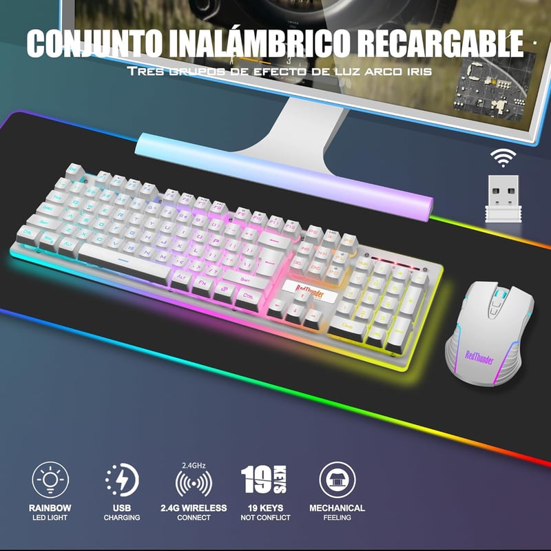 RedThunder K10 Vezeték Nélküli Mechanikus Érzetű Gamer Billentyűzet - LED Háttérvilágítás, 3800mAh Akkumulátor + 7D Egér, PC/PS5/Xbox