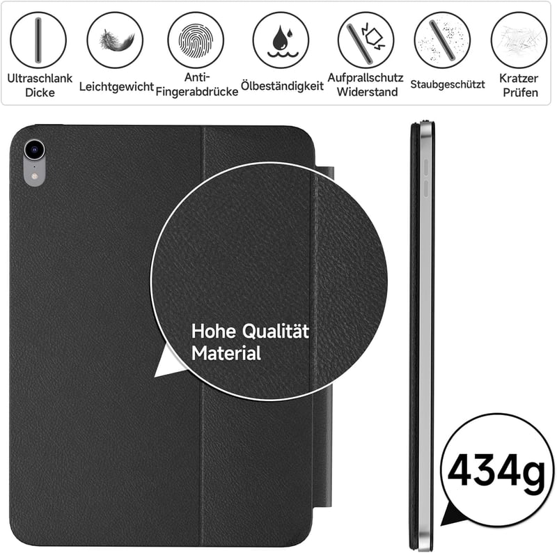 HOU Slim Bluetooth Billentyűzetes Tok iPad 11. Generációhoz (2025 A16) és 10. Generációhoz (2022) - Műbőr Dizájn, Ergonomikus, QWERTZ, Feket