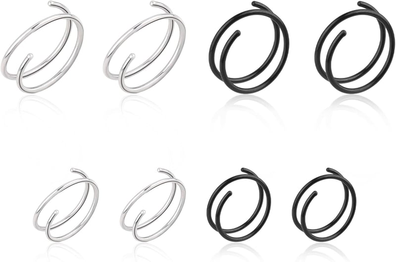 DIVINA VITAE 8 db Orr Piercing Szett - Spirál és Dupla Karika Orrpiercing, Helix Piercing, 316L Sebészeti Acél, 8/10 mm, Fekete és Ezüst