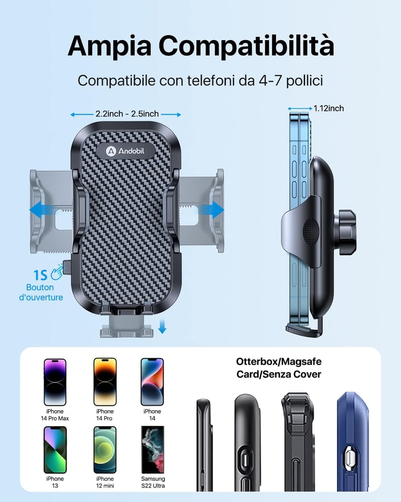 Andobil Autós Telefontartó Szellőzőrácsra - 360° Forgatható, Stabil Rögzítés, iPhone 14/13/12, Samsung, Huawei, Xiaomi Készülékekhez