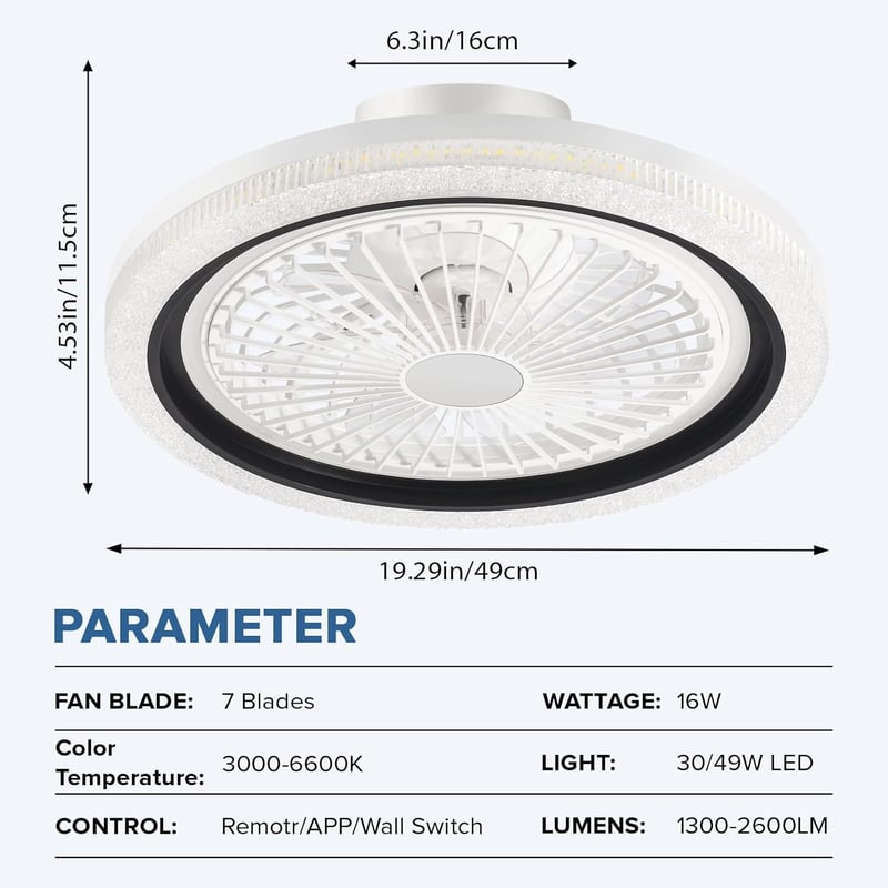 NACATIN Fekete Mennyezeti Ventilátor LED Világítással - Távirányítós Akril Lámpa Fokozatmentes Fényerő és Sebesség Szabályozással Hálószobáb