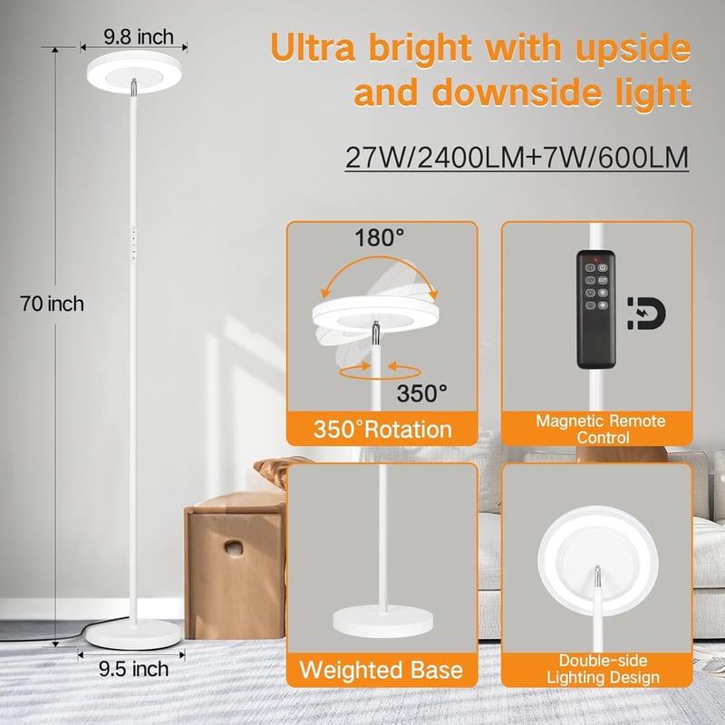 OUTON LED Állólámpa 34W - Kétirányú Fényforrás, Távirányítós és Érintésvezérelt, 4 Színhőmérséklet, Tompítható, Nappali és Hálószoba Világít