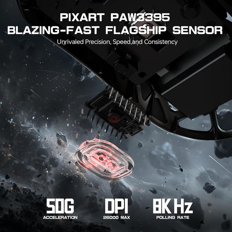 ATTACK SHARK R3PRO Ultrakönnyű Gamer Egér, 46g Magnézium Ház, 8000Hz Vezeték Nélküli, 26000 DPI, PixArt PAW3395 Szenzor, Spirál Kábel, PC/Mac