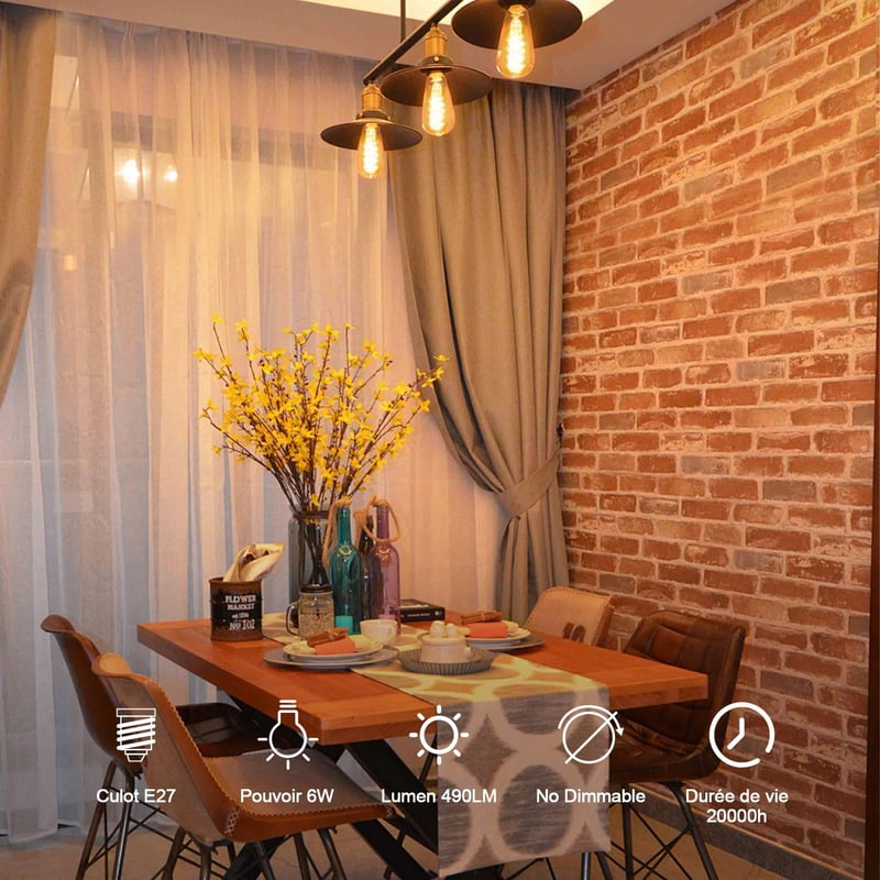 EXTRASTAR E27 LED Izzó Szett - Vintage Edison Filament Izzók, Meleg Fehér 2700K, 490lm, 6W (41W), Retro Dekoratív Lámpa, 3db