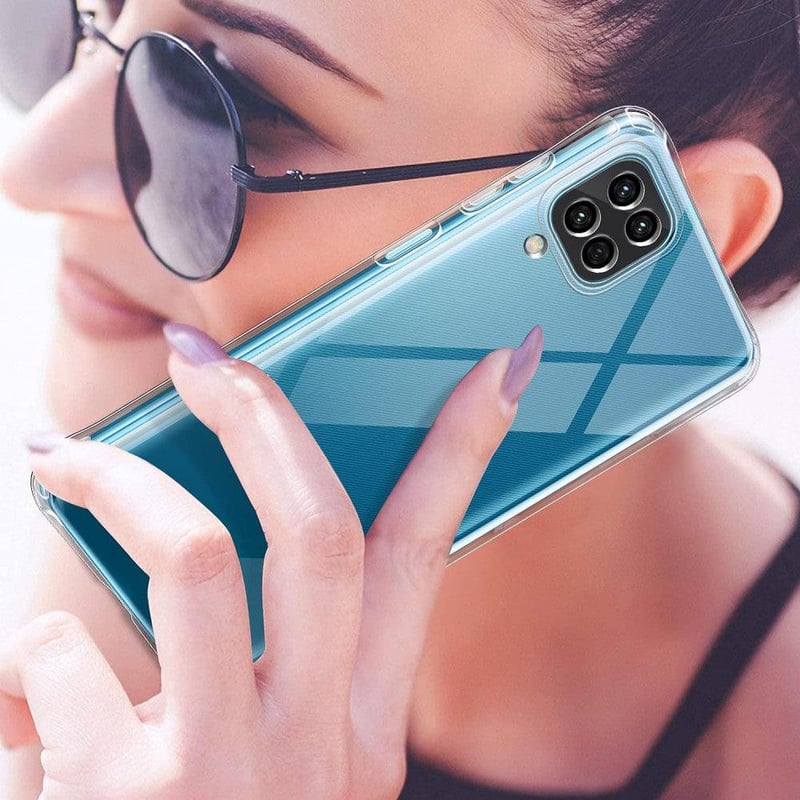 Samsung Galaxy A12 Átlátszó Ütésálló Tok + 2db Üvegfólia, Glitteres Díszítéssel