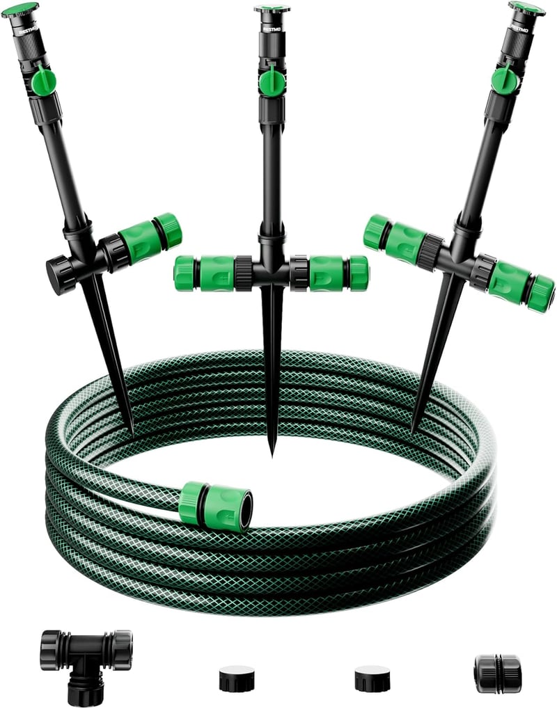 RESTMO Kerti Öntözőrendszer 10M  - 360° Állítható Locsoló Földi Tüskével, Gyorscsatlakozós Szett  - Gartensprinkler & Schlauch-Set, Green