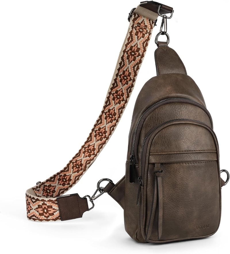 VONAL Női Mellkas Táska - Sötétbarna Stílusos Crossbody Válltáska Széles Pánttal
