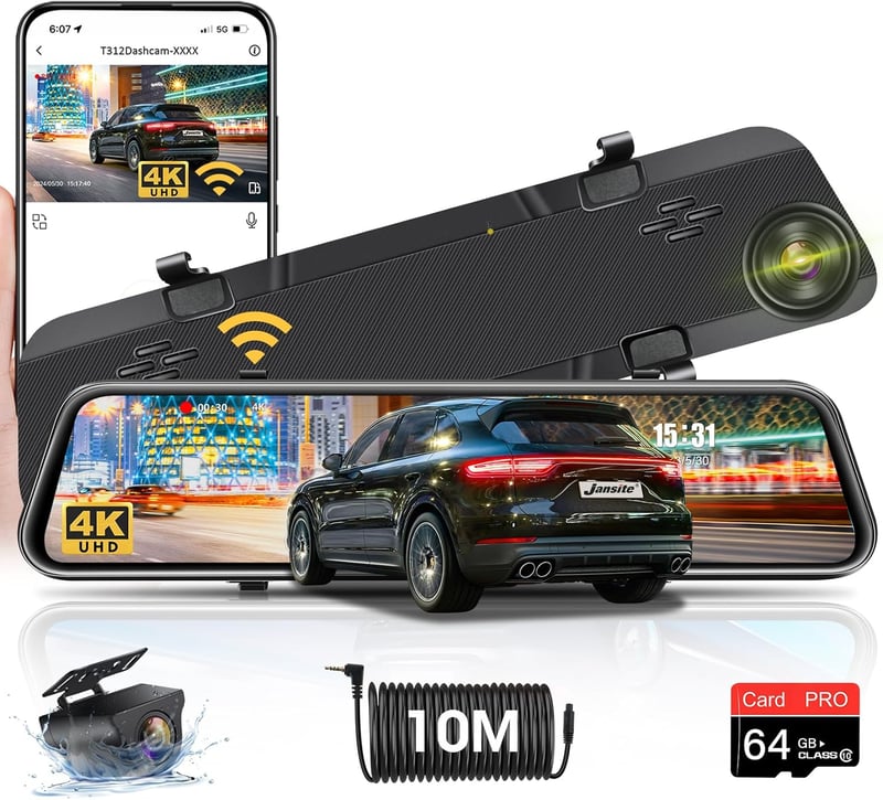 Jansite 4K WiFi Tolatókamera Tükör 64GB SD Kártyával, 12" Menetrögzítő Tükör, Első-Hátsó Kamera, 10m Kábel, Éjjellátó, G-Szenzor, Applikáció