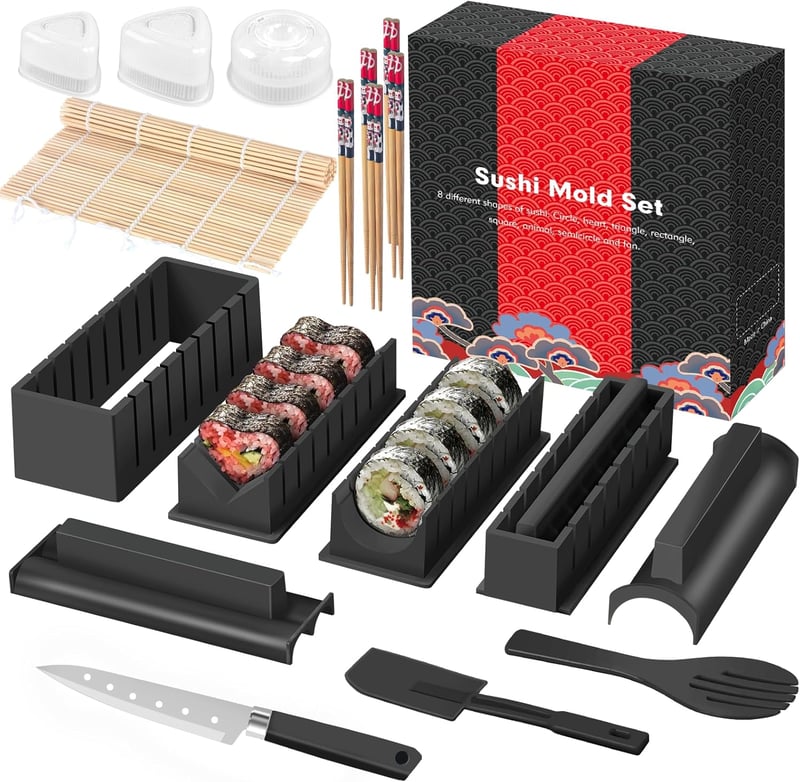 SKYSER Sushi Készlet 20 Részes Kezdőknek Sushi Készítő Szett Tekerő Szőnyeg Pálcikák Fekete
