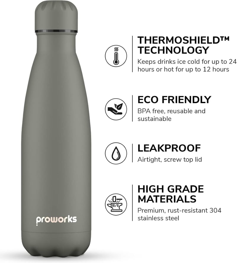 PROWORKS 1L-es rozsdamentes acél termosz, BPA-mentes, 24 órás hűtés - Szürke