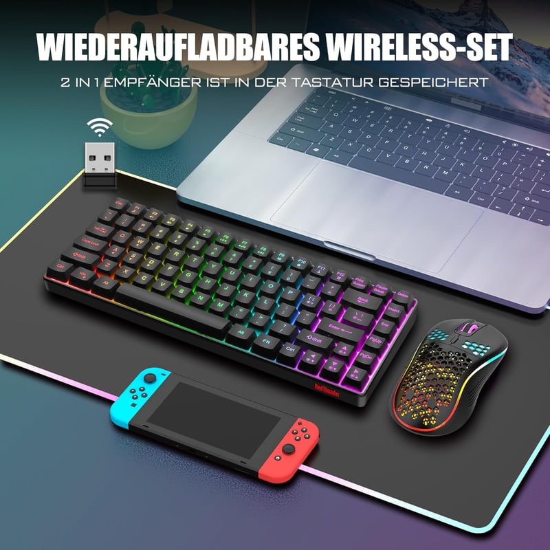 RedThunder 75% Vezeték Nélküli Gamer Billentyűzet és Egér Szett, QWERTZ DE Kiosztás, TKL Kompakt Újratölthető, 7200DPI Méhsejt Kialakítású  - black