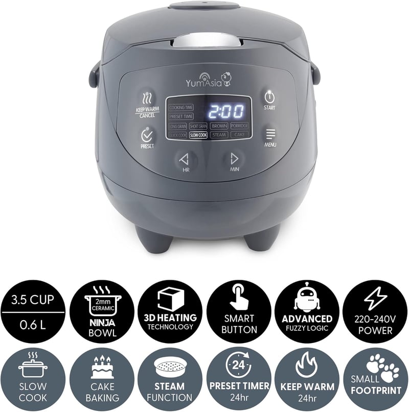 Yum Asia Panda Mini rizsfőző Ninja kerámia edénnyel, 0,63L kapacitás, 8 főzési program, fuzzy logic technológia, 350W, kobalt szürke