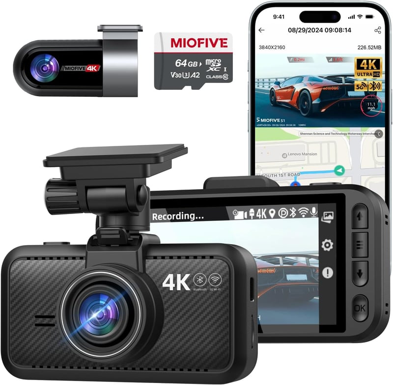 Miofive S1 Ultra 4K+4K Autós Menetrögzítő Kamera, Első-Hátsó GPS, 5.8GHz WiFi, Éjjellátó, 3" IPS Kijelző, 64GB Kártya, HDR, Applikáció