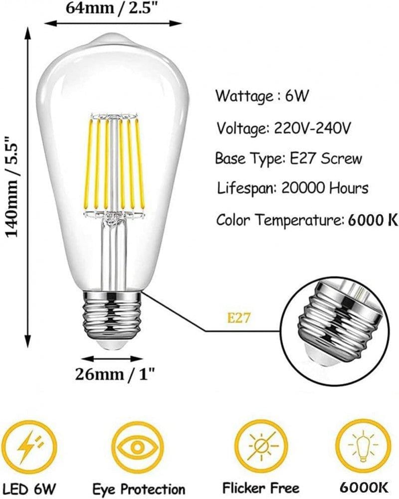 Aiwerttes E27 LED Retro Dekor Izzó 6W Hideg Fehér 6 db-os Csomag 600LM