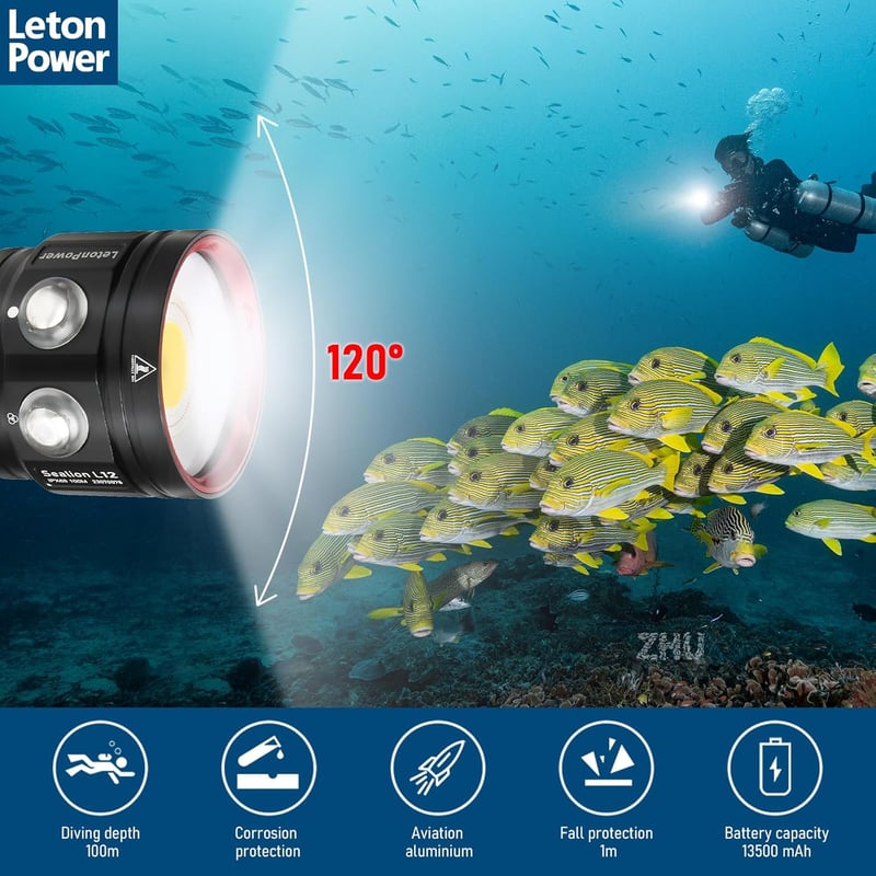 LetonPower Sealion L12 Búvárlámpa 18000 Lumen 100m Vízálló Merülő Fényforrás Víz Alatti Videózáshoz 3 Lítium Elemmel