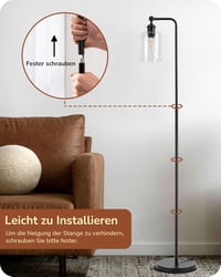 EDISHINE Állólámpa Forgatható Üveg Búrával - Fekete Ipari Padlólámpa Lábkapcsolóval, E27 Foglalattal, 6W LED Izzóval Nappaliba, Dolgozószobá 8