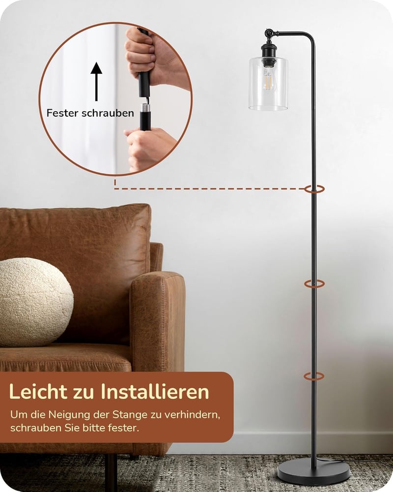 EDISHINE Állólámpa Forgatható Üveg Búrával - Fekete Ipari Padlólámpa Lábkapcsolóval, E27 Foglalattal, 6W LED Izzóval Nappaliba, Dolgozószobá