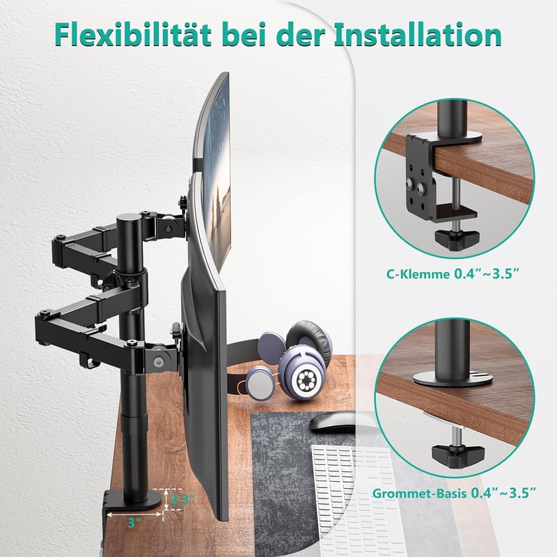 WALI Kettős Monitortartó Állvány - Állítható, 27"-ig, 10kg Teherbírás, 360° Forgatható, Dönthető, Asztali Rögzítés, Fekete (WL-M002)