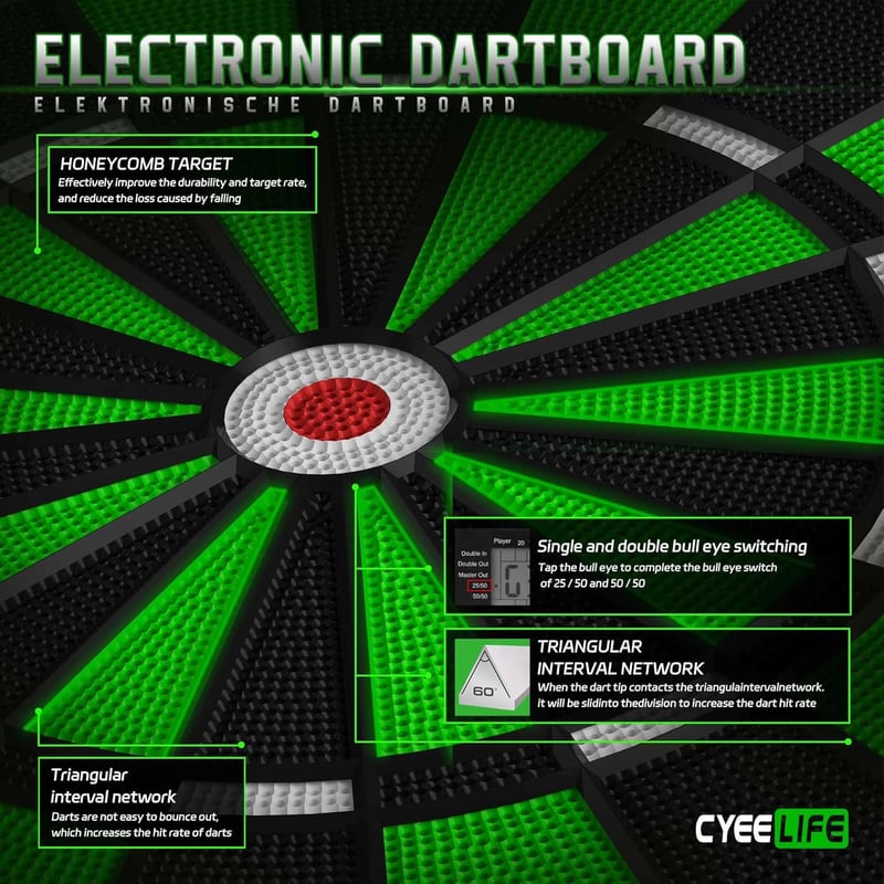 CyeeLife Elektronikus Darts Tábla LCD Kijelzővel - 34 Játék, 355 Variáció, Német Hangvezérléssel - 12 Puha Nyíl, 24 Toll, 50 Hegy, USB Töltő