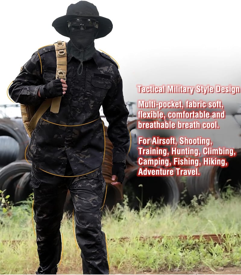 WISEONUS Airsoft Taktikai Ruházat Szett - Katonai Terepszínű Egyenruha Paintball Játékhoz, Vadászathoz - Fekete Terep Mintás Kabát és Nadrág