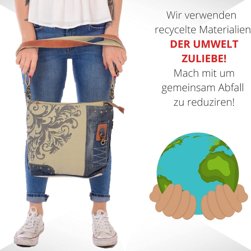 Sunsa Női Válltáska Újrahasznosított Farmer és Bőr Anyagból, Mandala Mintás Bézs/Kék Vintage Táska, Állítható Pánttal, 35x27x10cm