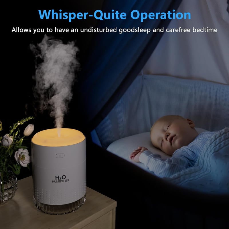 BAMCOO Mini USB Párásító LED Világítással - Állítható, Hordozható Légnedvesítő Éjszakai Fénnyel Hálószobába, Irodába, Gyerekszobába (Fehér)