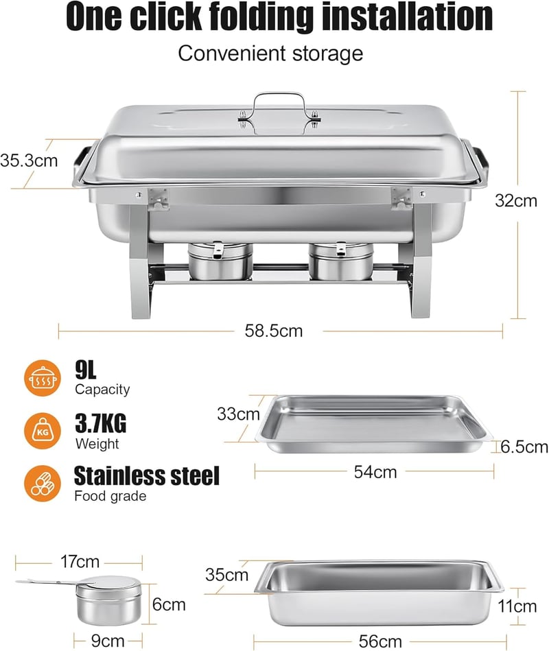 WENMILY 9L Rozsdamentes Acél Ételmelegítő Szett - 2 db Gördülő Peremű Melegentartó Tál Partikhoz, Büféasztalhoz, Vendéglátáshoz (Ezüst, Szög