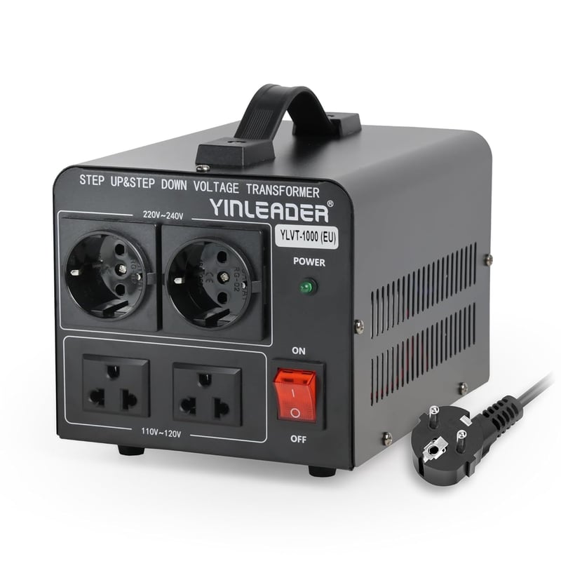 Yinleader 1000W Feszültségátalakító Transzformátor 230V-110V, Toroid Magos, 4kg, 2db 110V + 2db 220V EU Aljzat, CE Tanúsítvány, Fekete