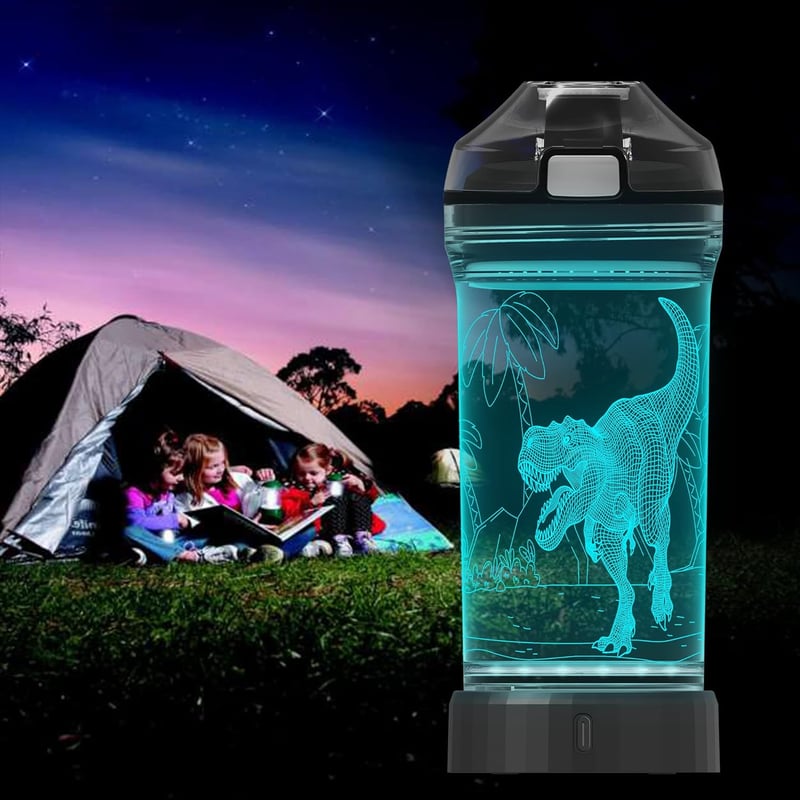 Lightzz Dinoszaurusz Gyerek Kulacs 3D LED Világítással - 14oz/397ml BPA-mentes Tritan - Iskolai, Túra, Kemping Ivópalack Fiúknak 3-15 Évesek