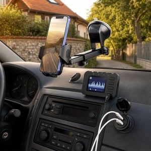 Ingázó autós kapcsolatcsomag: telefontartó + 60 W autós töltő + 1 m Lightning kábel + FM/DAB adapter