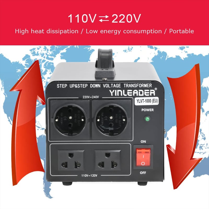 Yinleader 1000W Feszültségátalakító Transzformátor 230V-110V, Toroid Magos, 4kg, 2db 110V + 2db 220V EU Aljzat, CE Tanúsítvány, Fekete