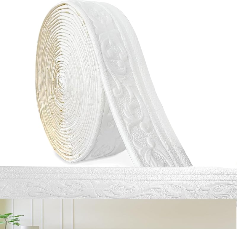 MeYuxg Öntapadós Fehér Díszítőszegély - 10m x 8cm x 4mm - 3D Habszivacs Falszegély Dekoráció Falakhoz, Lépcsőkhöz, Tükörhöz, Mennyezethez