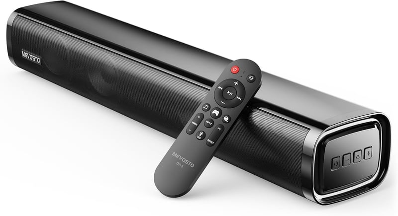MEVOSTO 60W Mini Soundbar pre TV a PC – 2.1 Vstavaný Subwoofer, BT5.4, USB/Optické/AUX Pripojenie, 3 EQ Módy, Kompatibilný s Hernými Konzolami