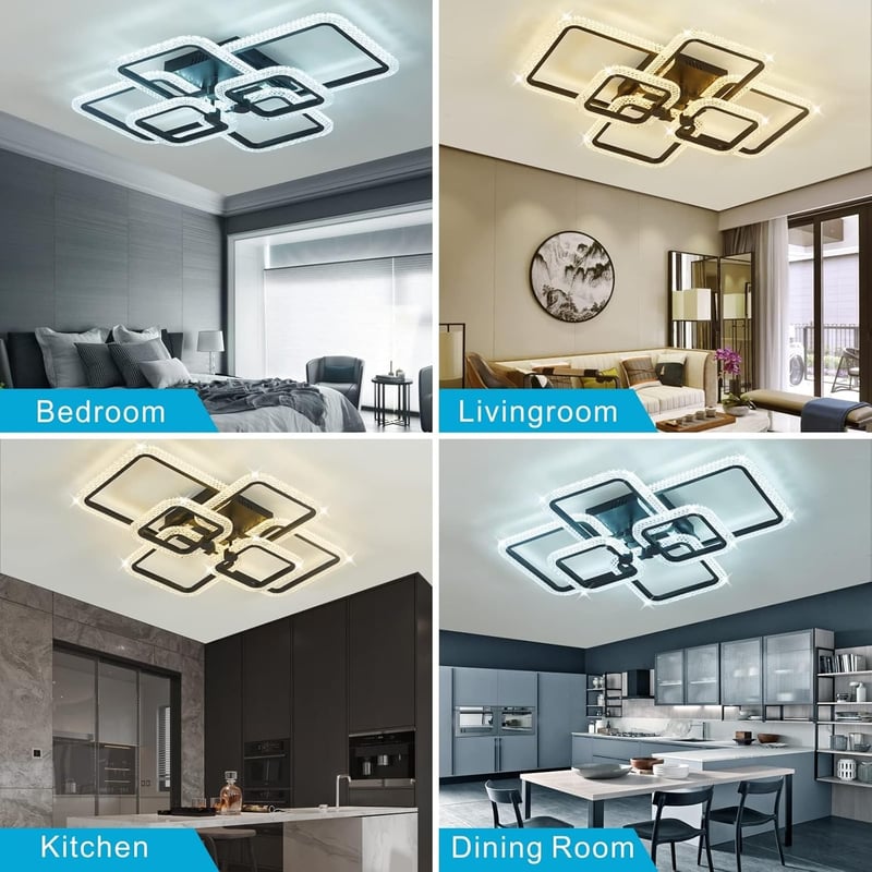 HiHiHomy LED Mennyezeti Lámpa - 6 Négyzetes Keret, Távirányítós, Szabályozható Fényerő, 3000K-6500K, Fekete, Modern Kristály Dizájn, 3000 Lu