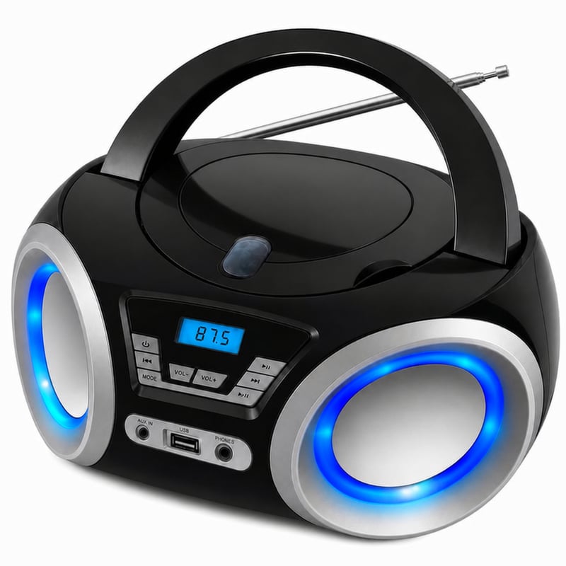 Prenosný CD prehrávač Roxelle CD-300 Bluetooth FM rádio USB AUX RGB osvetlenie LCD displej čierny — chybný (stav: pozri 2. obrázok)