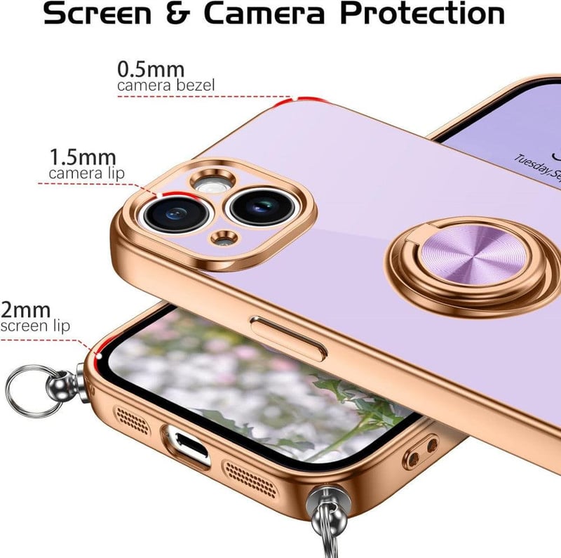 iPhone 15 Lila Mágneses Védőtok Nyakpánttal és Ütésálló Gyűrűvel