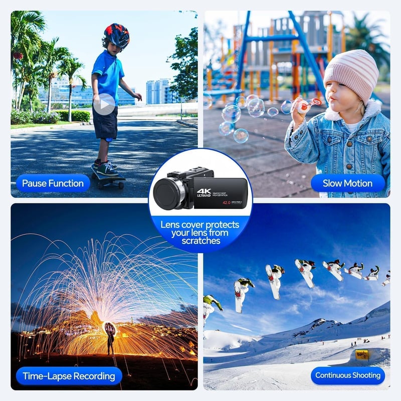 CAMWORLD 4K Videókamera 42MP Felbontással - Vloggoláshoz, YouTube-hoz, 18X Digitális Zoom, 3" Forgatható Kijelző, 2 Akkumulátor, 32GB Kártya